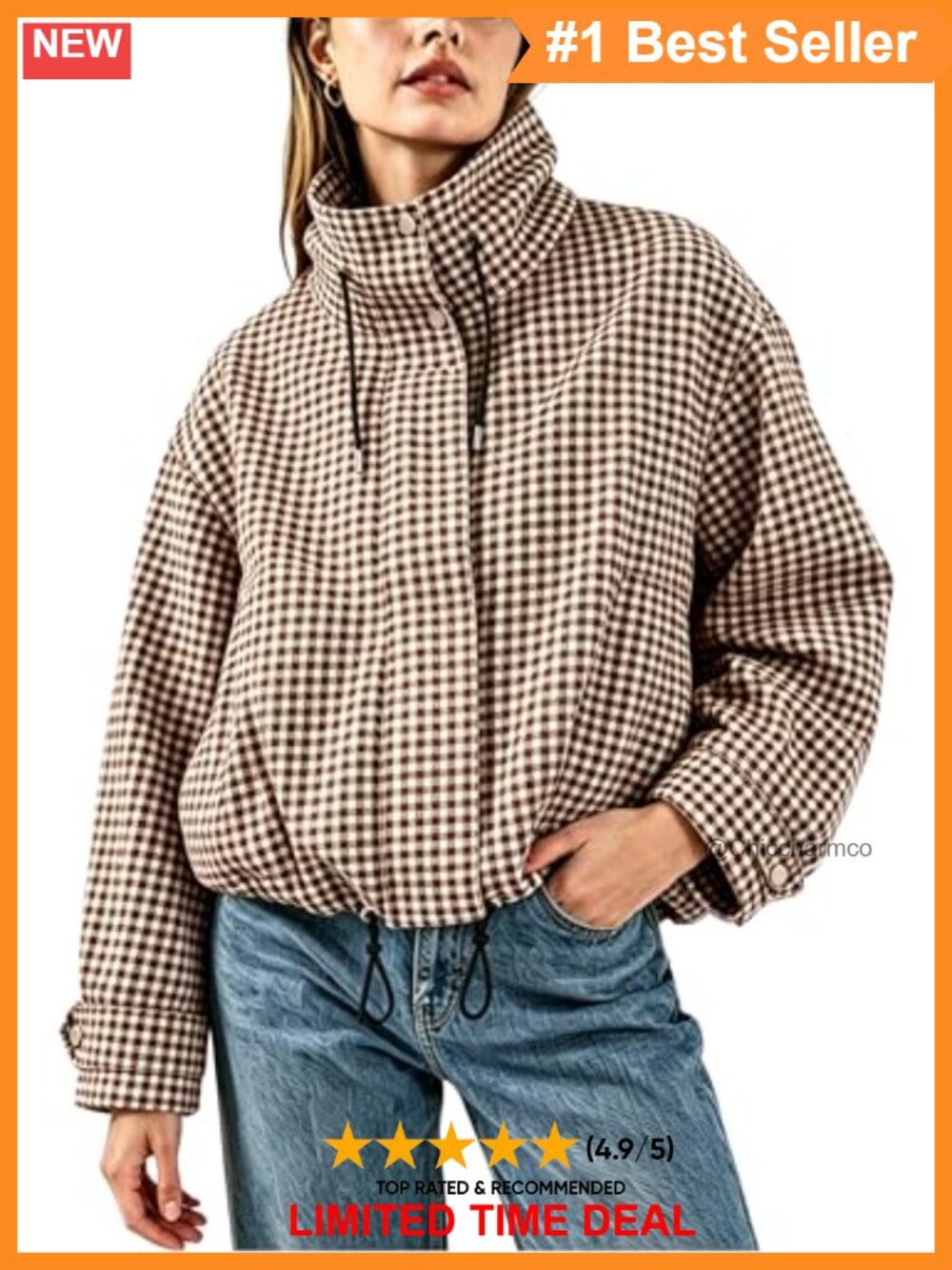 Gingham Zipper Bomber Jacket Stand Collar Cropped Outwear Pockets